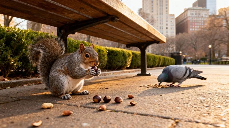 松鼠与鸽子共食图片