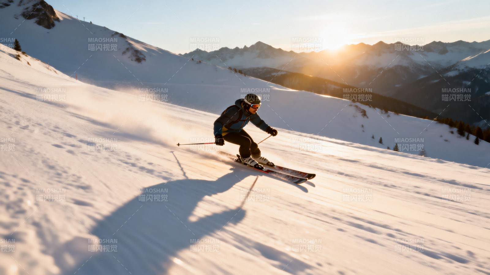 雪坡疾驰 夕阳映影图片