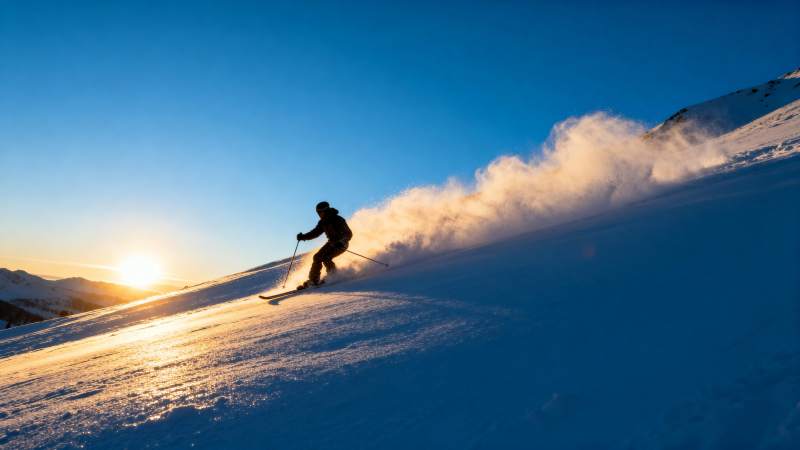 雪峰日落滑雪影图片