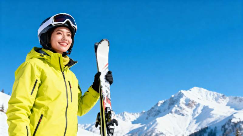 滑雪女孩笑迎雪山图片