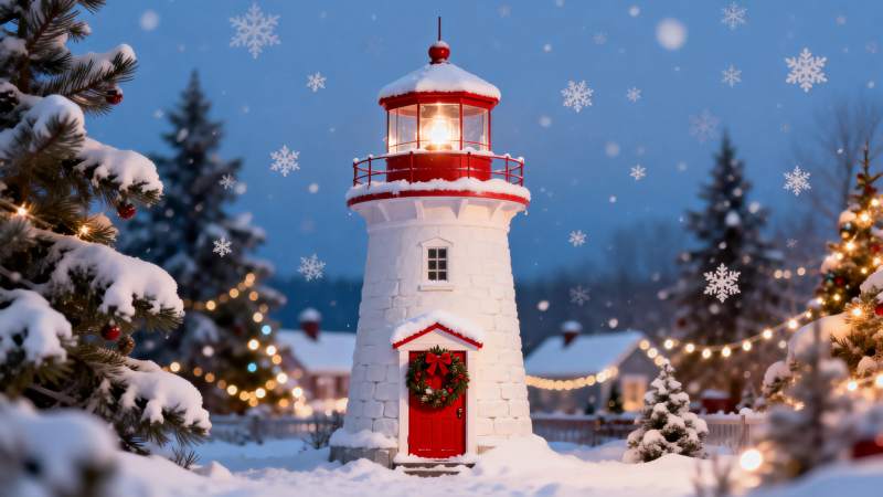 雪夜灯塔圣诞景图片