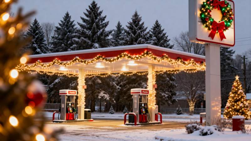 雪夜加油站圣诞灯饰图片