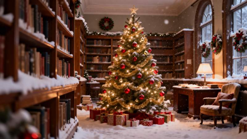 圣诞树下的温馨书房图片
