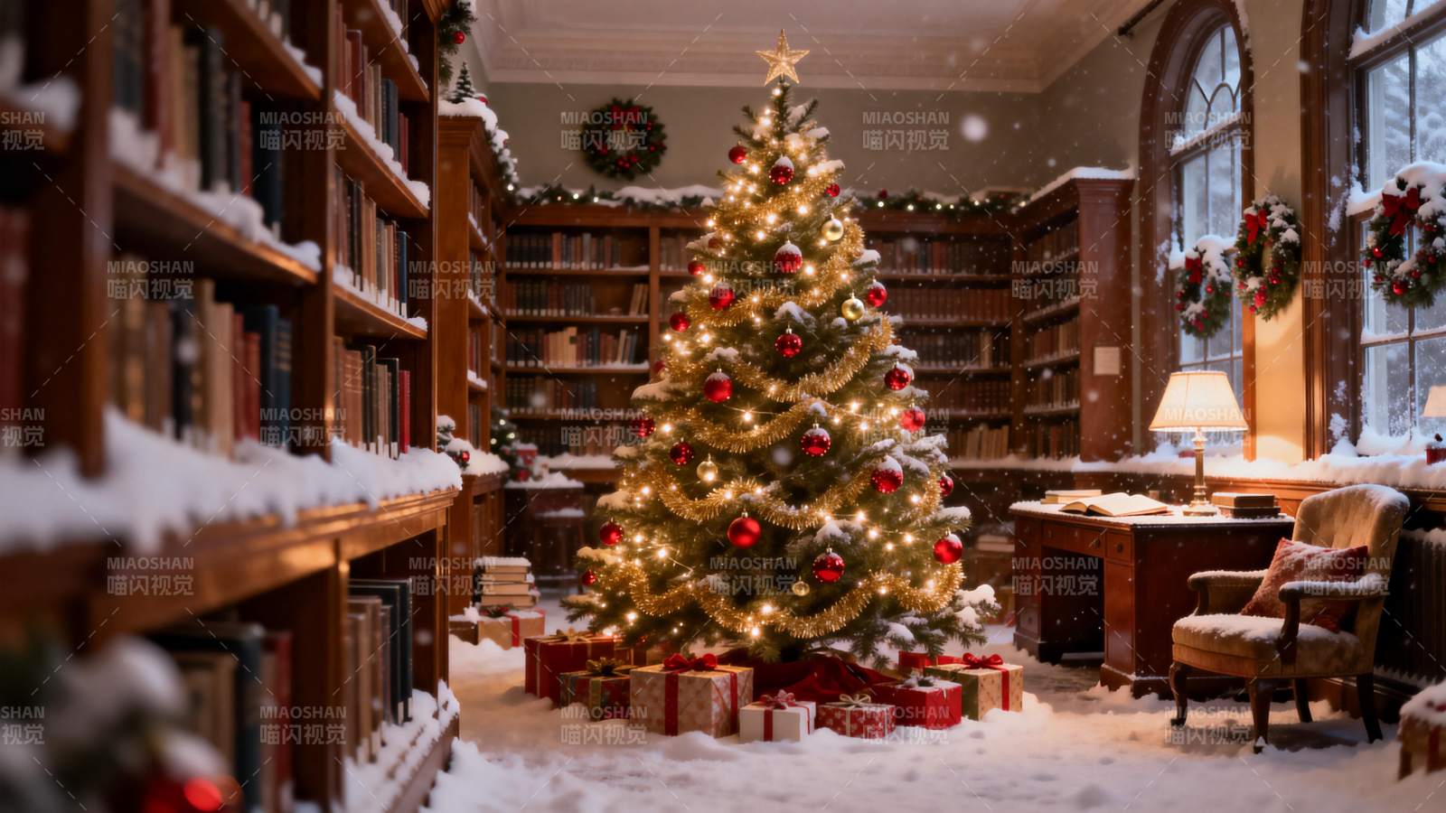 圣诞树下的温馨书房图片