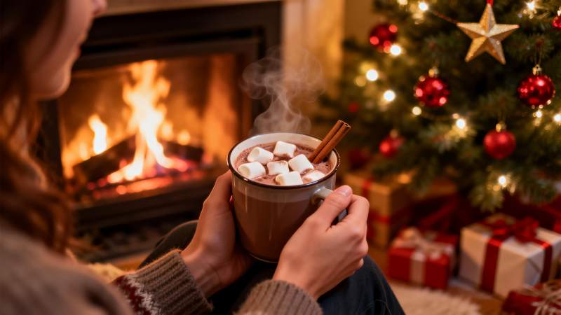 暖炉旁的热可可图片