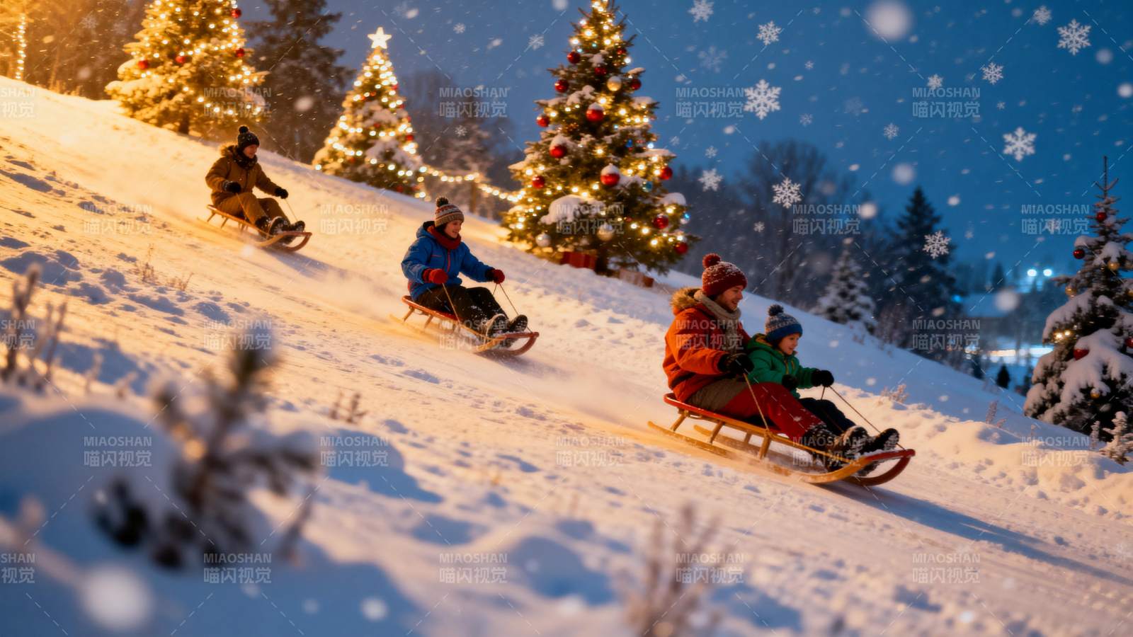 雪夜滑雪乐图片