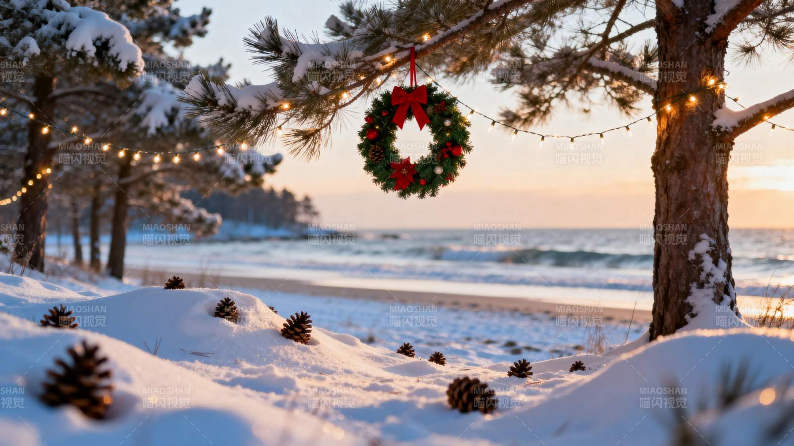 雪中圣诞花环图片