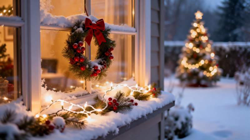 雪夜圣诞窗景图片