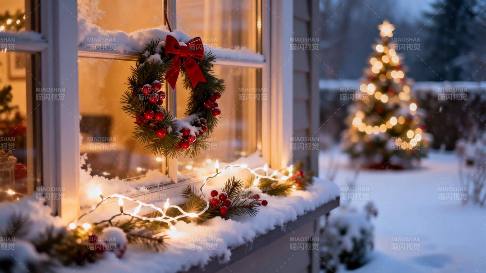 雪夜圣诞窗景图片