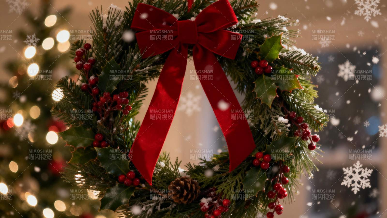 圣诞花环迎雪景图片