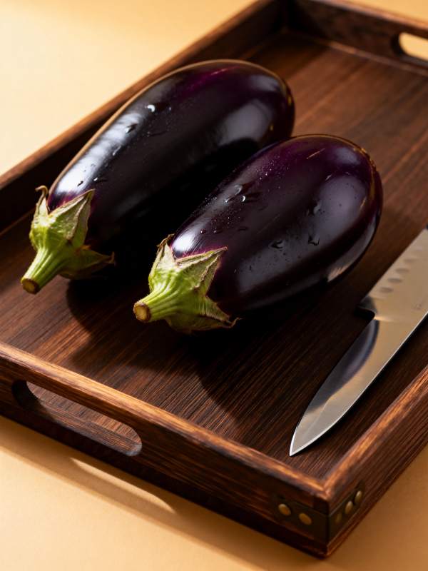 茄子与刀具静置木盘图片