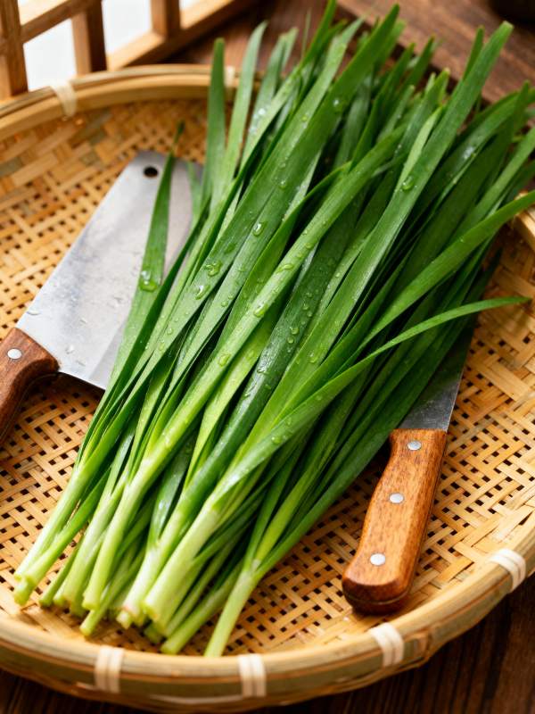 新鲜韭菜与菜刀图片