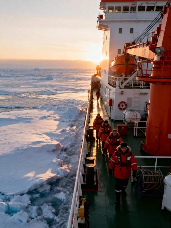 极地科考船日落行图片