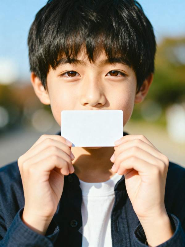 少年手持白卡遮嘴图片