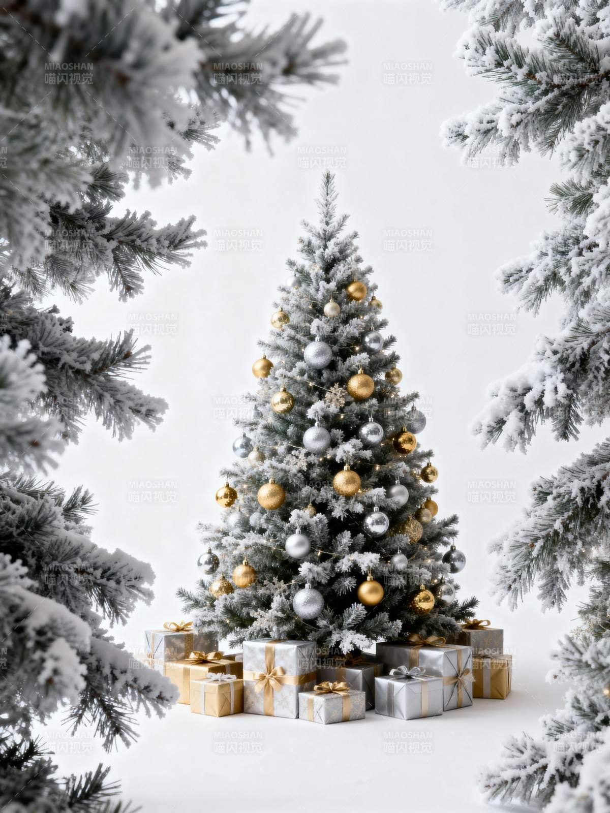 雪松圣诞树与礼盒图片