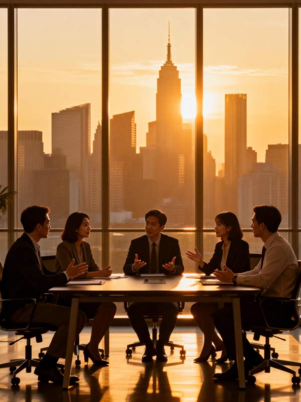 夕阳下的商务会议图片