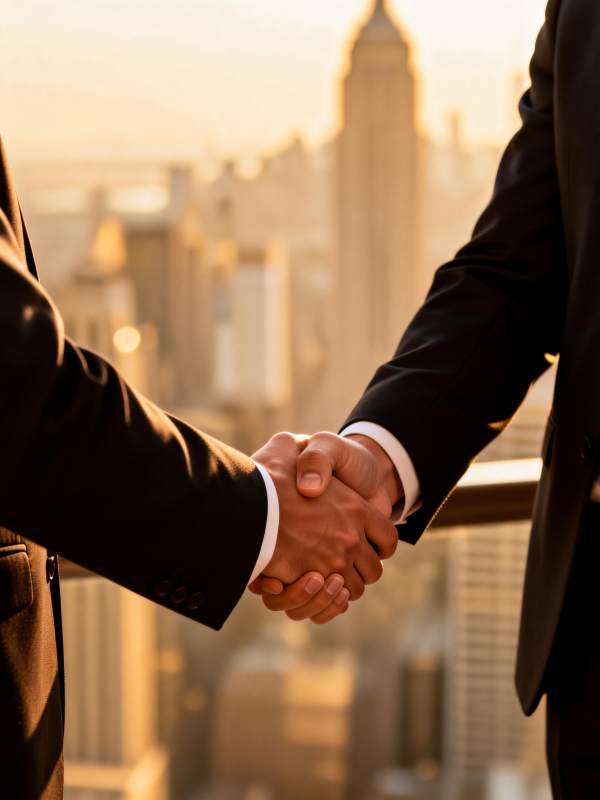 城市之巅的握手图片