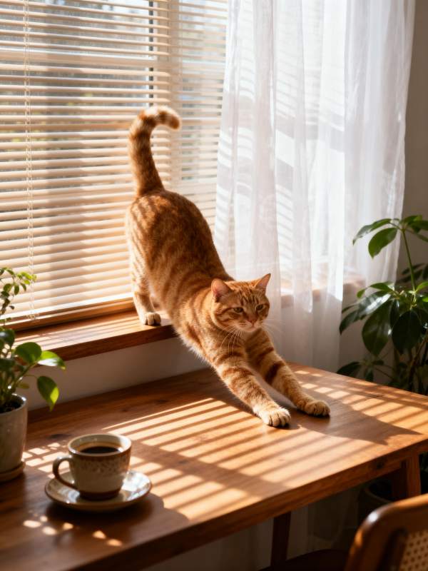 猫咪伸展迎晨光图片