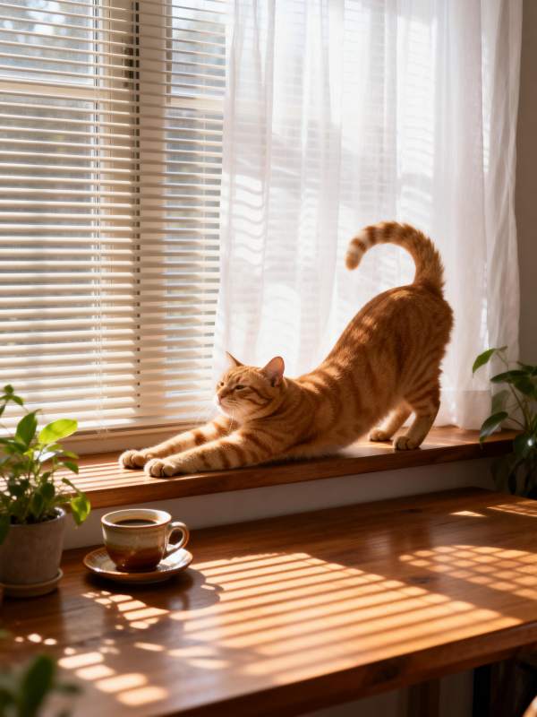 窗边伸展的猫咪图片
