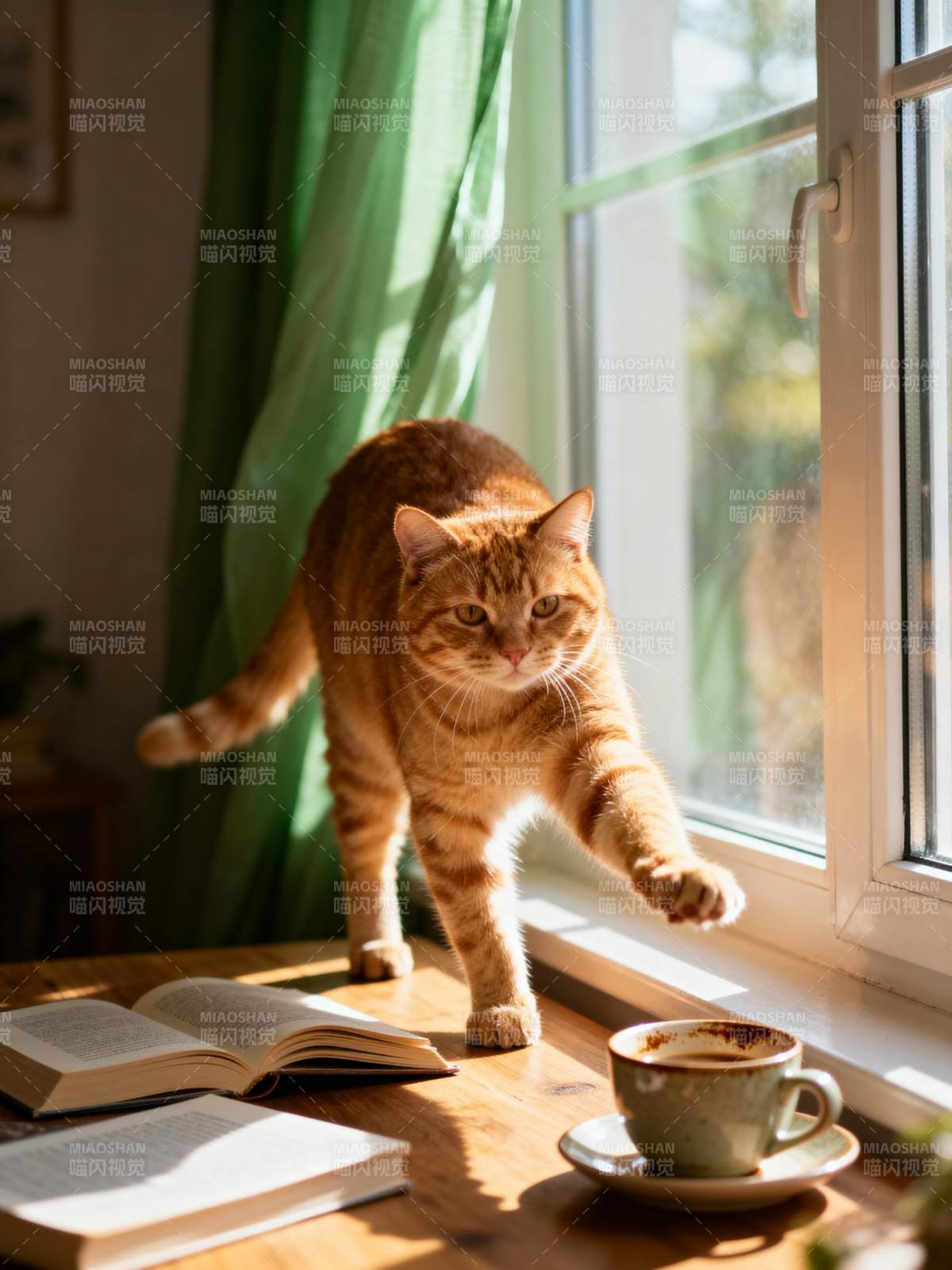 窗边猫影书香图片