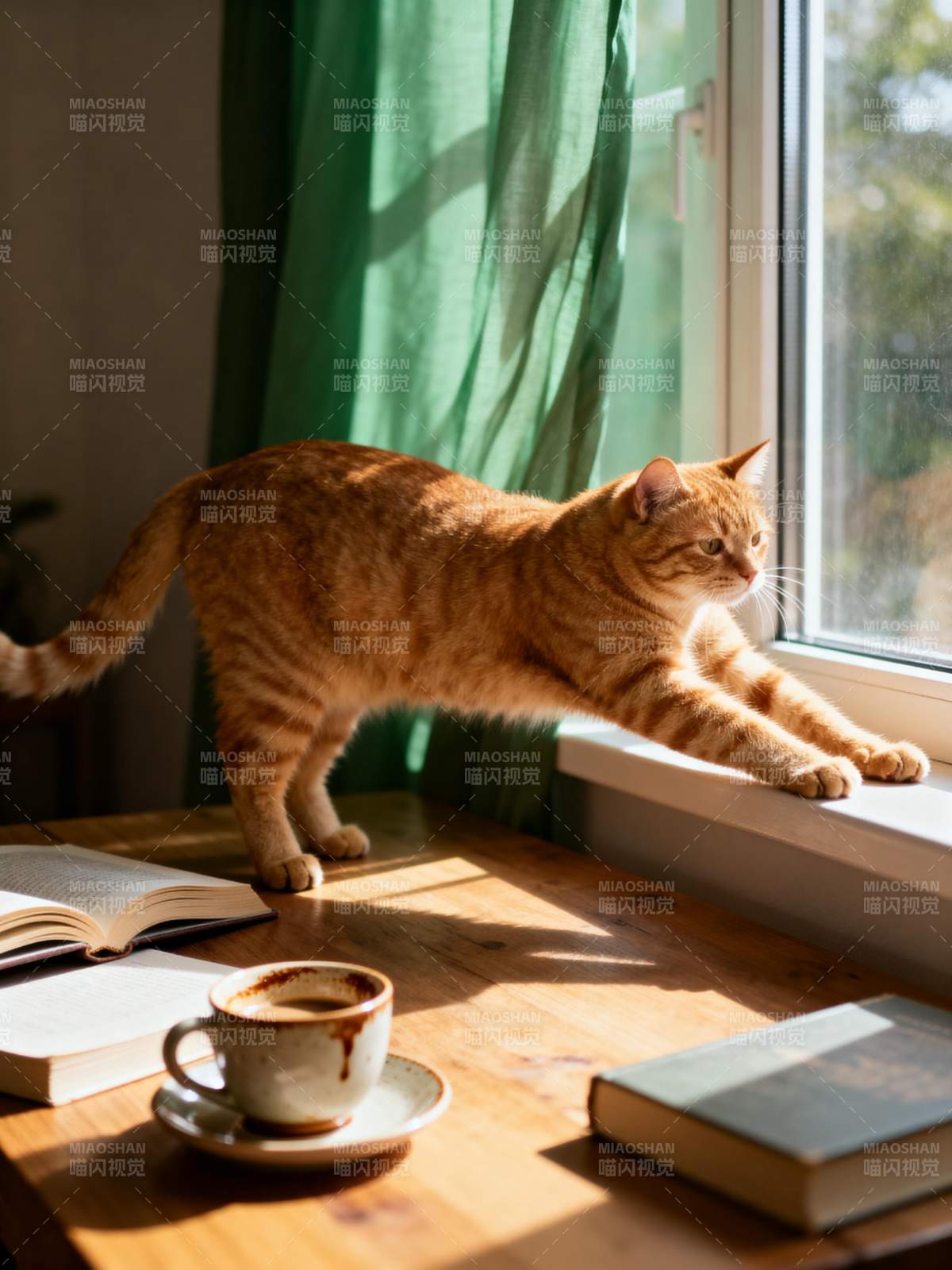 窗边猫影书与茶图片