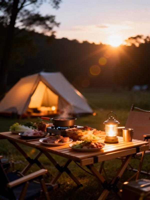 夕阳下的露营晚餐图片