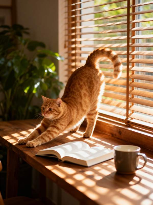 猫伸懒腰 阳光洒满书桌图片