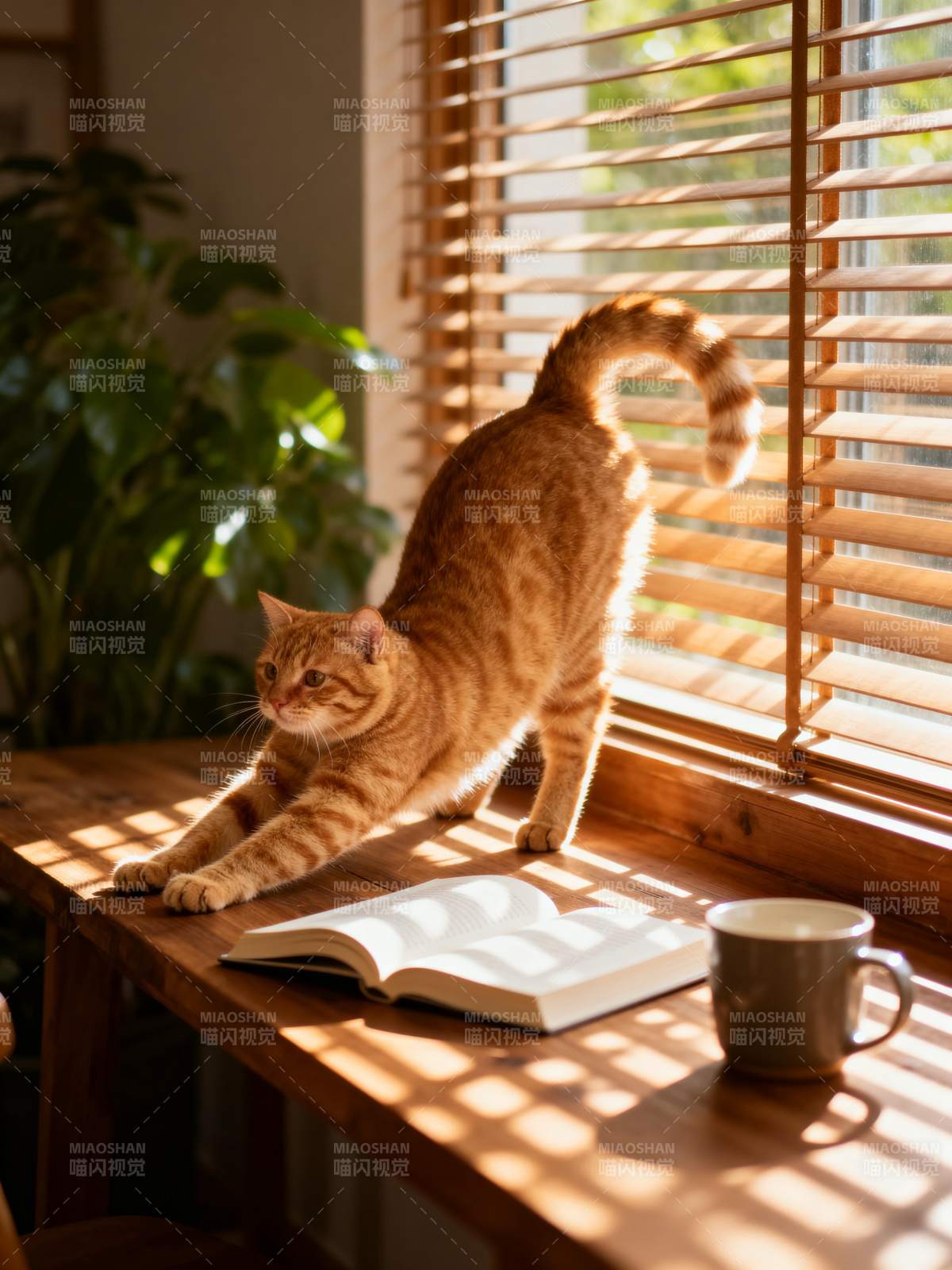 猫伸懒腰 阳光洒满书桌图片