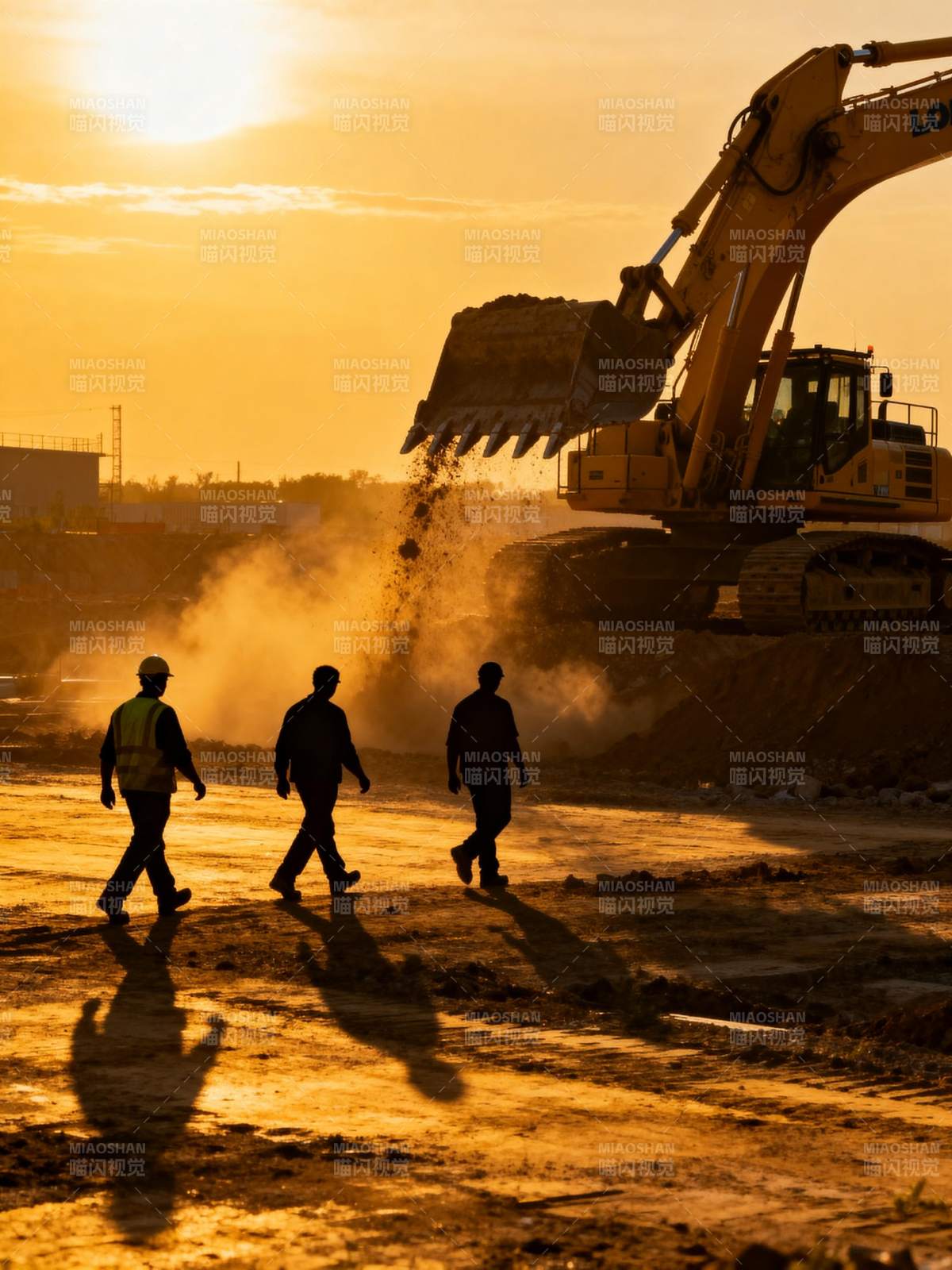 夕阳下的工地剪影图片
