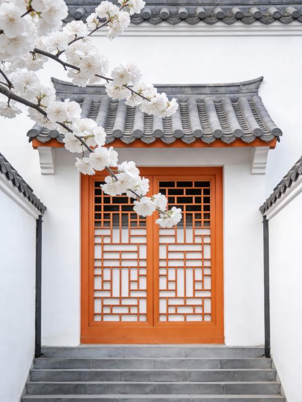 古建筑门前樱花绽放图片