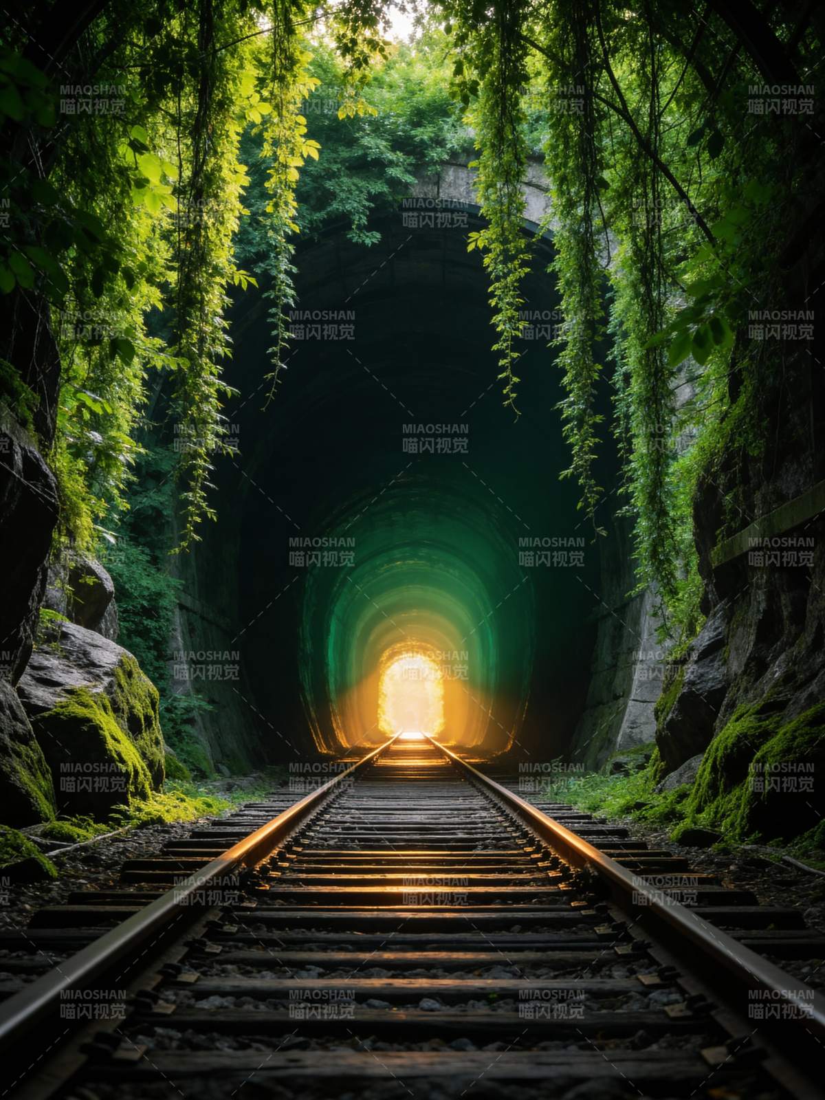 森林隧道铁轨通向光明图片