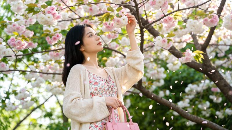 樱花树下赏花女图片