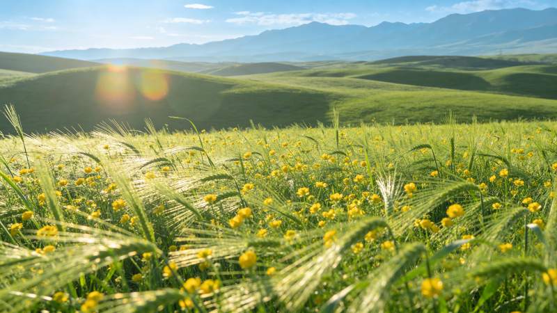 绿野黄花映山峦图片