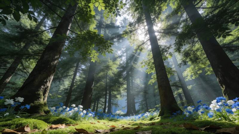 阳光穿透森林花丛图片