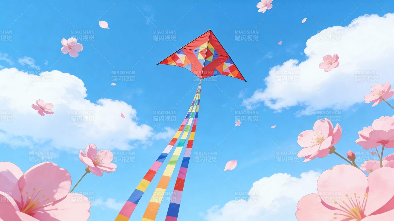 蓝天樱花风筝飞舞美景图片