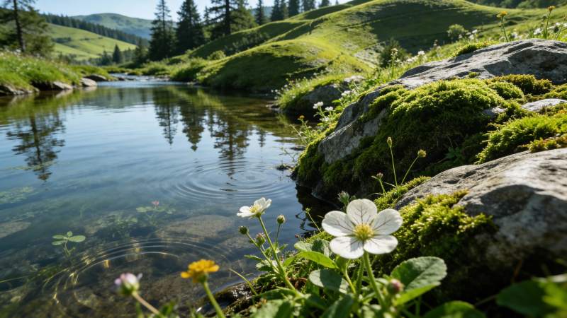 山间溪流旁的花草与青苔图片