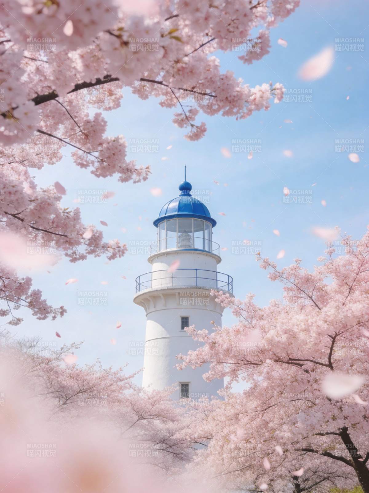 樱花映灯塔图片