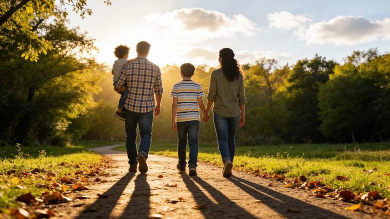 夕阳下家庭散步图片