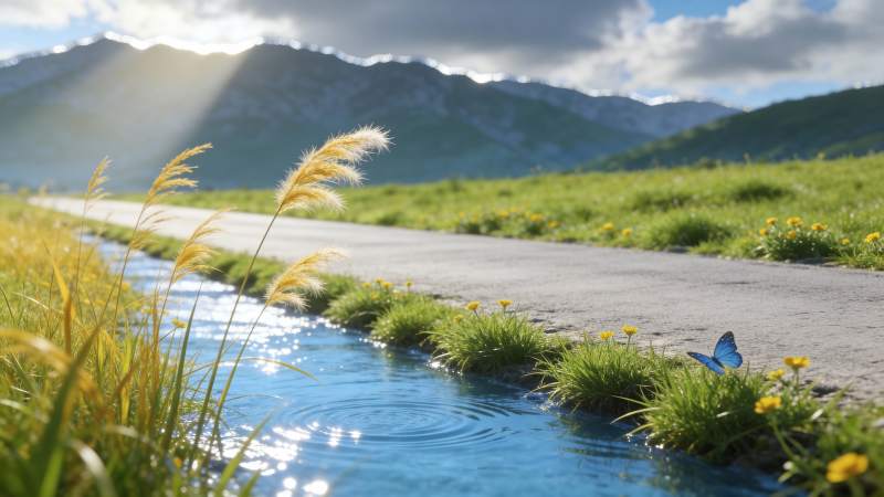 山野溪径蝶舞图片
