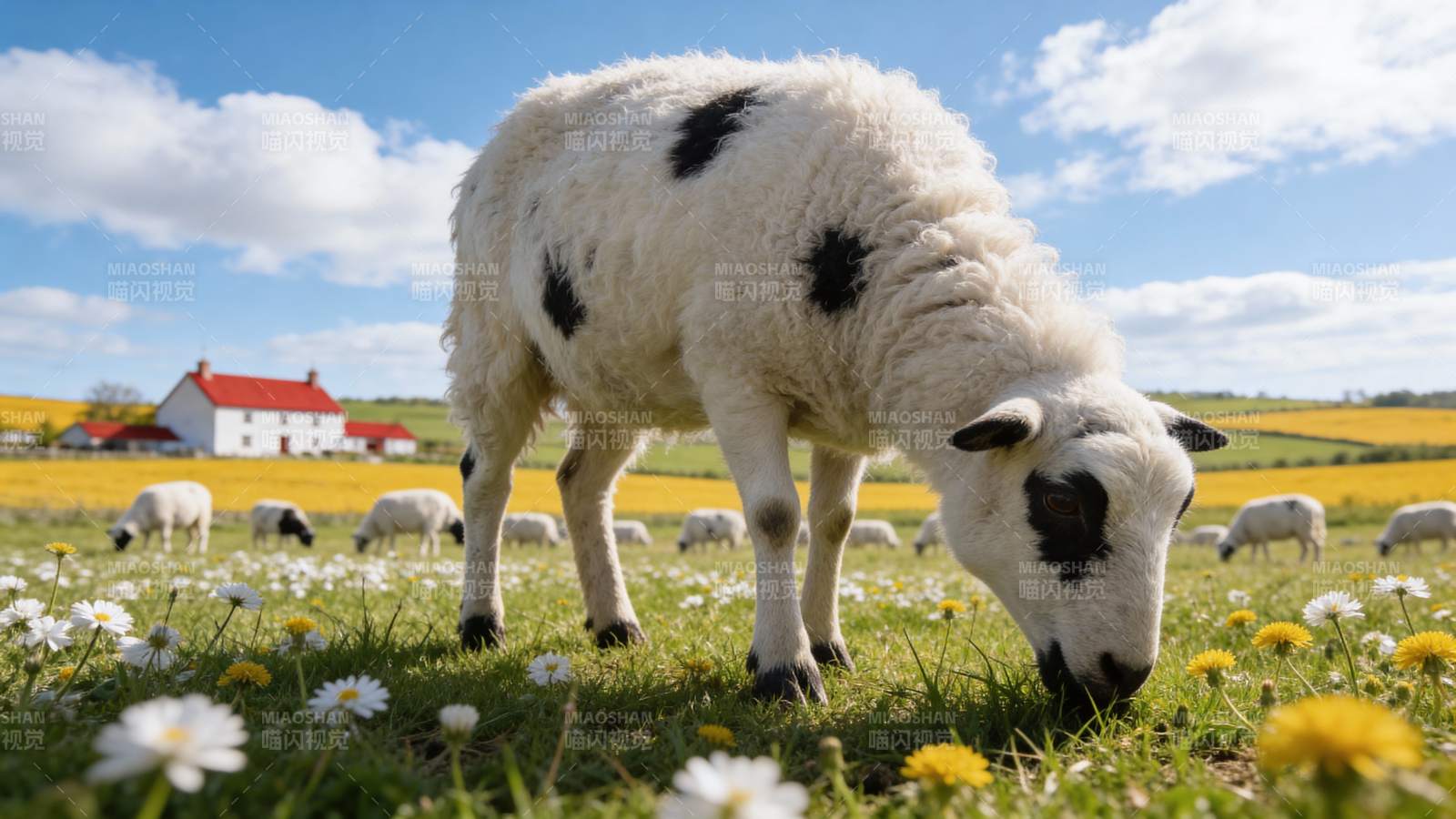 白羊黑斑草地觅食田园风光图片