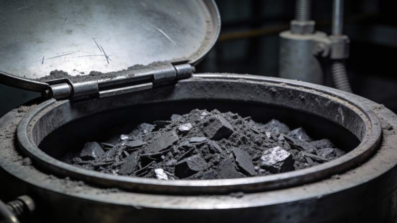 工业容器内堆积的黑色物料特写图片