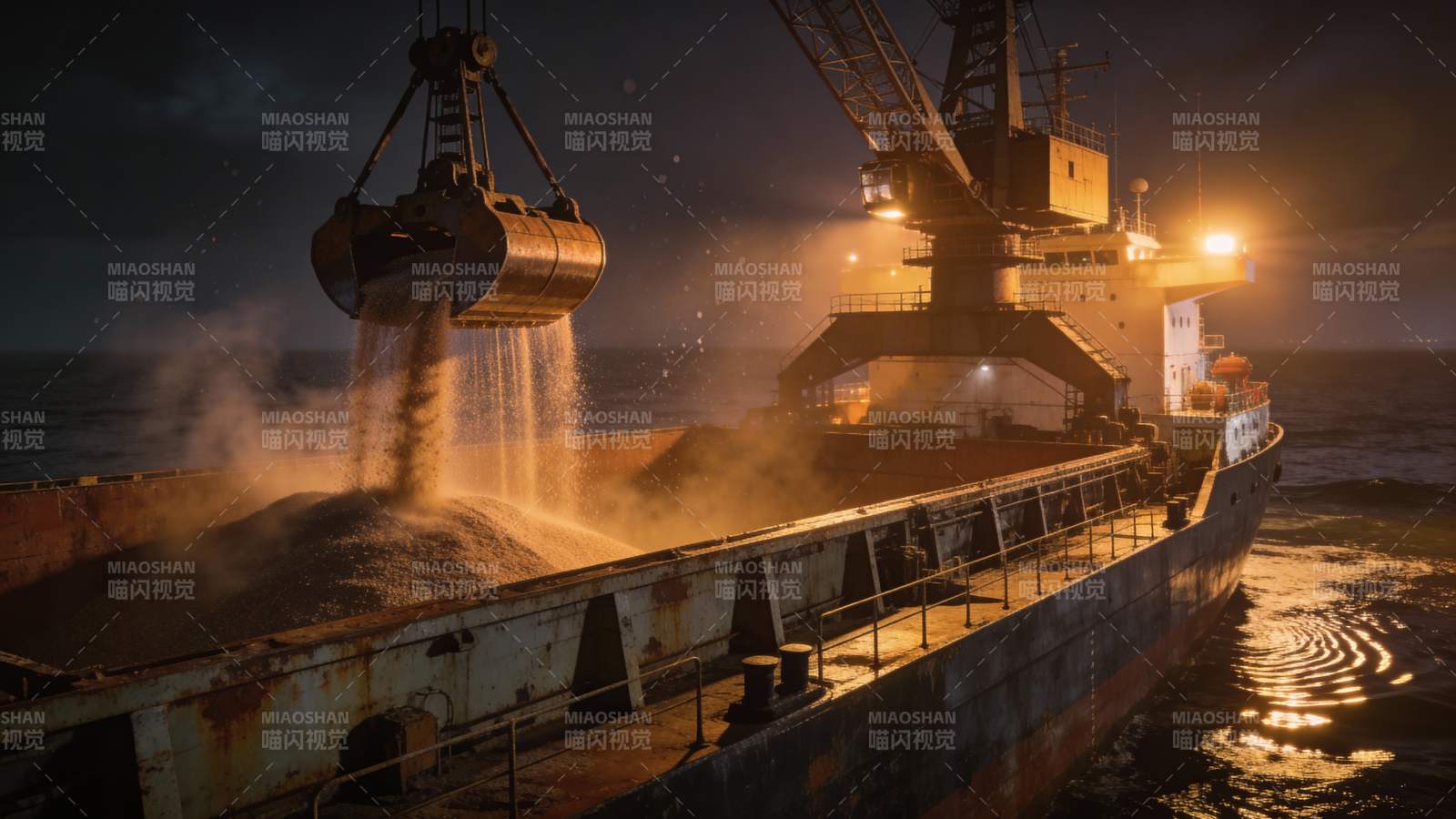 夜幕下货船卸货作业图片