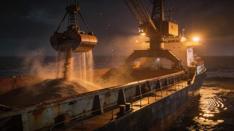 夜幕下货船卸货作业图片