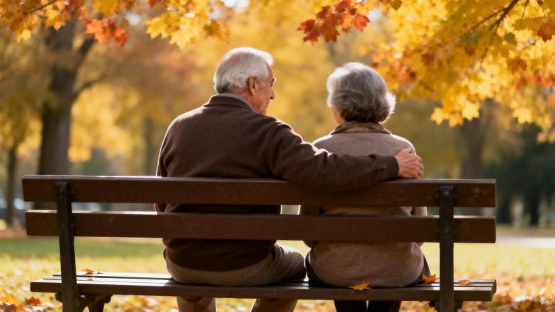 秋日公园情侣椅上图片