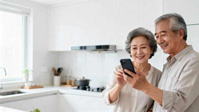 老夫妇厨房看手机图片