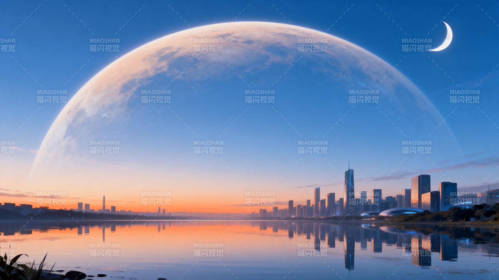 月升城市倒影图片