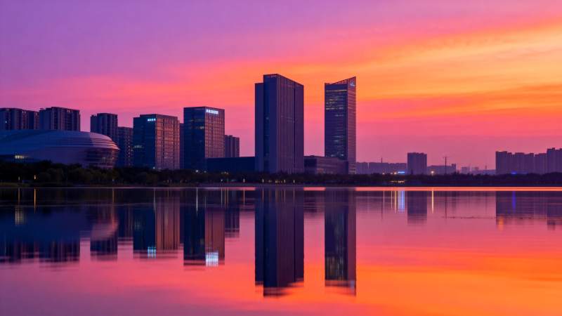 城市夕照倒影图片