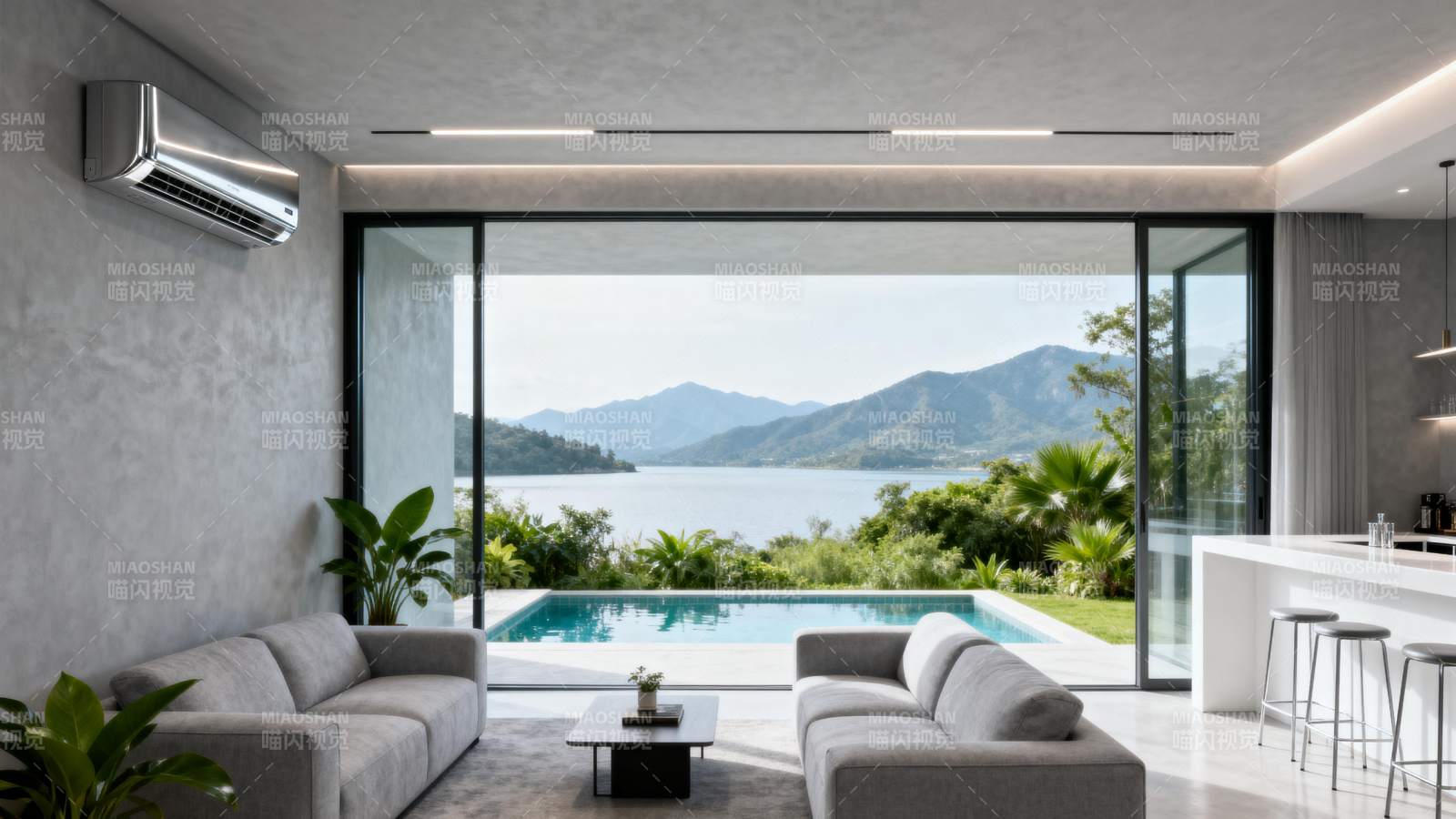 湖景泳池豪宅客厅图片