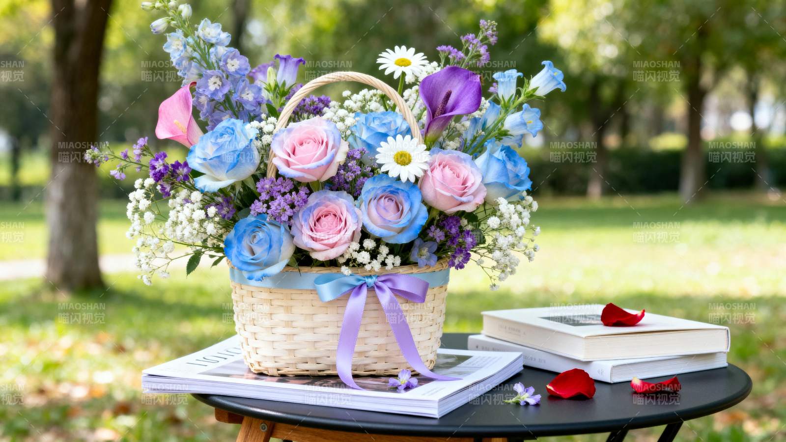 花篮静置于书上图片