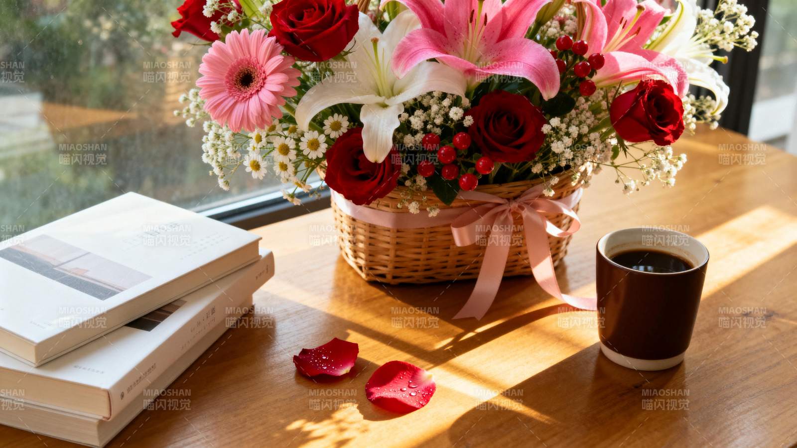 花香书影伴咖啡图片